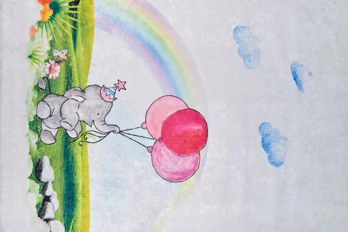 Elephant's Rainbow Journey Washable Rug - Image 1