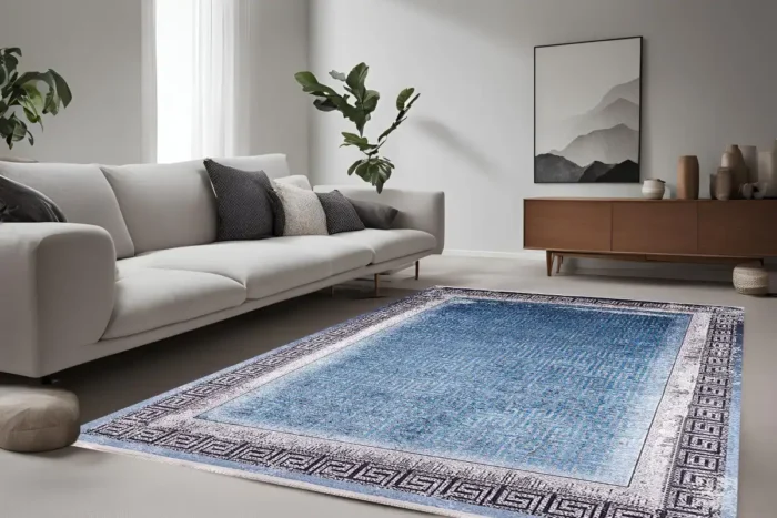 Greek Key Border Blue Washable Rug - Image 2