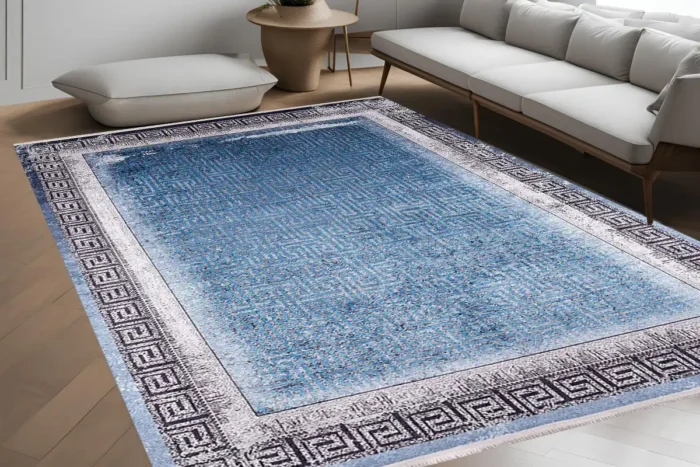 Greek Key Border Blue Washable Rug - Image 4