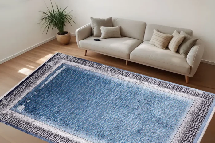 Greek Key Border Blue Washable Rug - Image 3