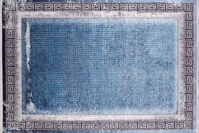 Greek Key Border Blue Washable Rug - Image 1