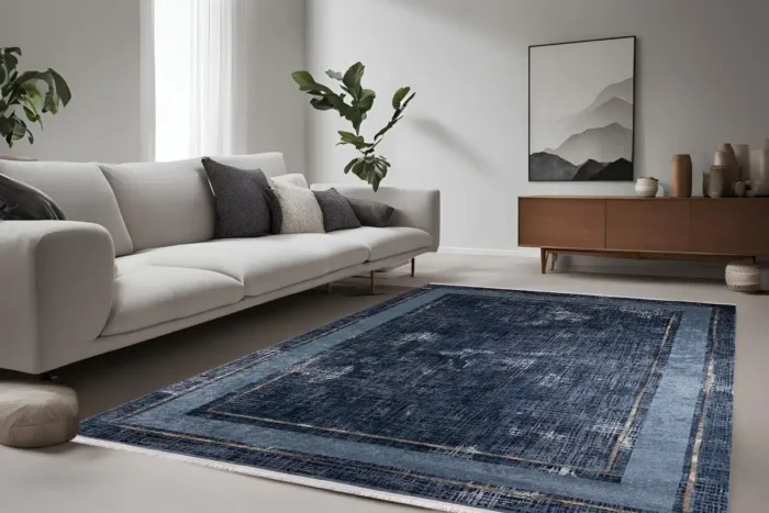 Navy Textured Border Area Washable Rug - Image 2