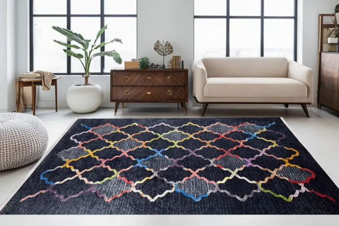 Vibrant Geometric Black Area Washable Rug - Image 2