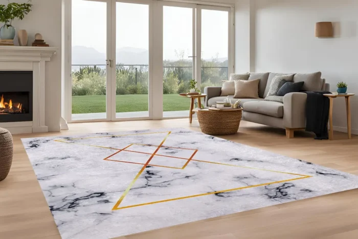 Golden Geometric Marble Rug Washable Rug - Image 2